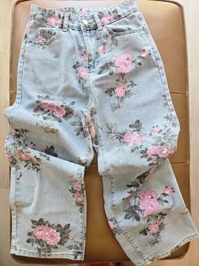 Floral Print Jeans High Rise Straight Leg Pink Rose Denim